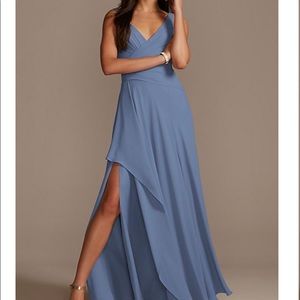 David’s Bridal Steel Blue V-Neck Bridesmaid Dress